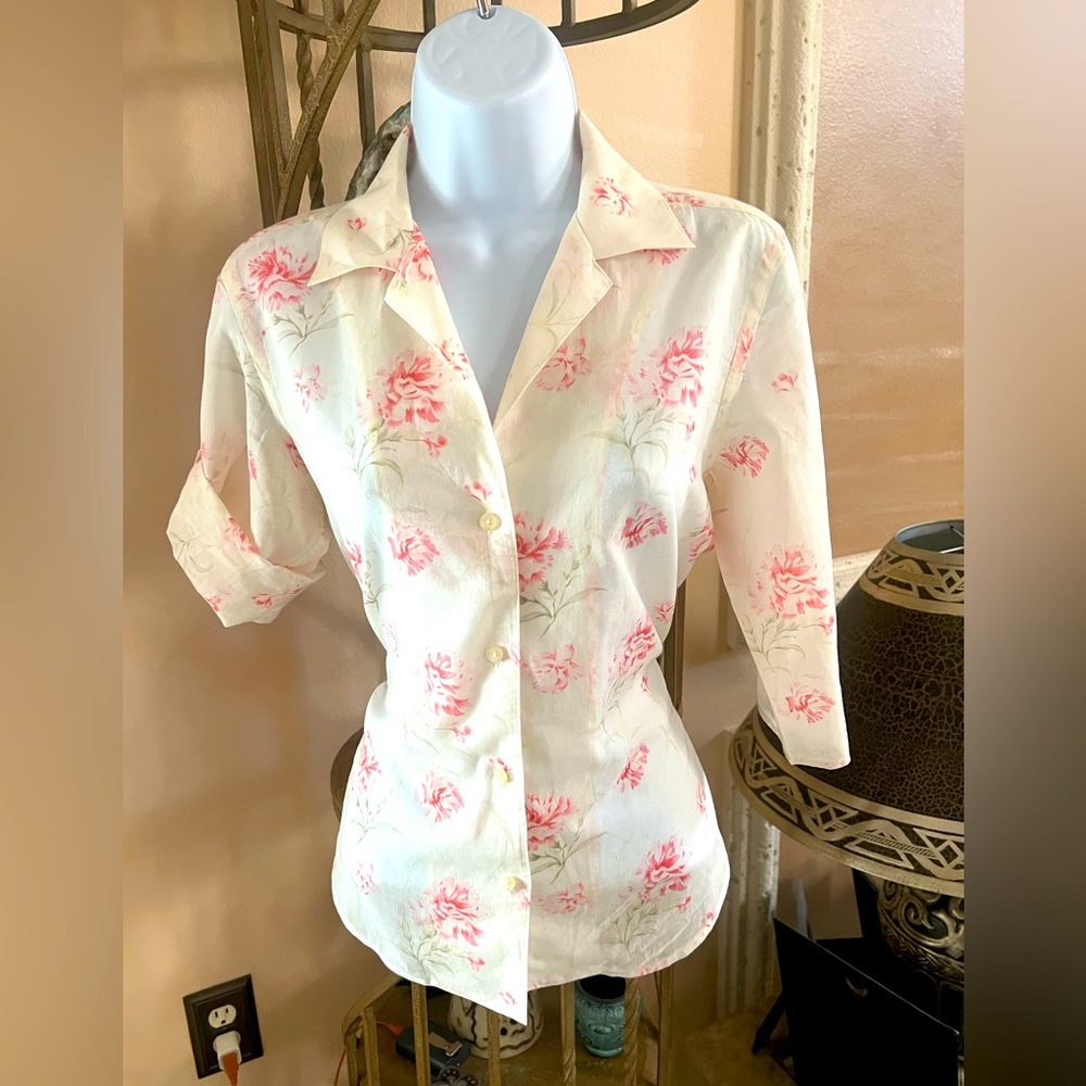 LAUREN Ralph Lauren Floral cuffed Collared Button Up 100% Cotton Shirt - size S